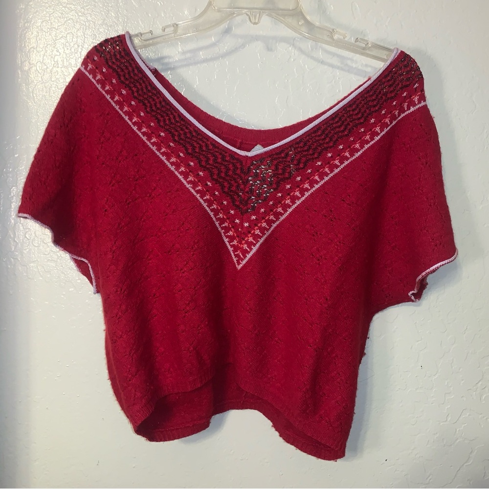 Free People Ruby Red Oversized Pullover V Neck Pr… - image 1